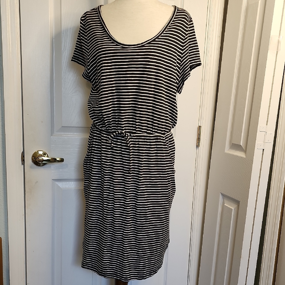SONOMA Black and White Striped Dress With Waist Tie.